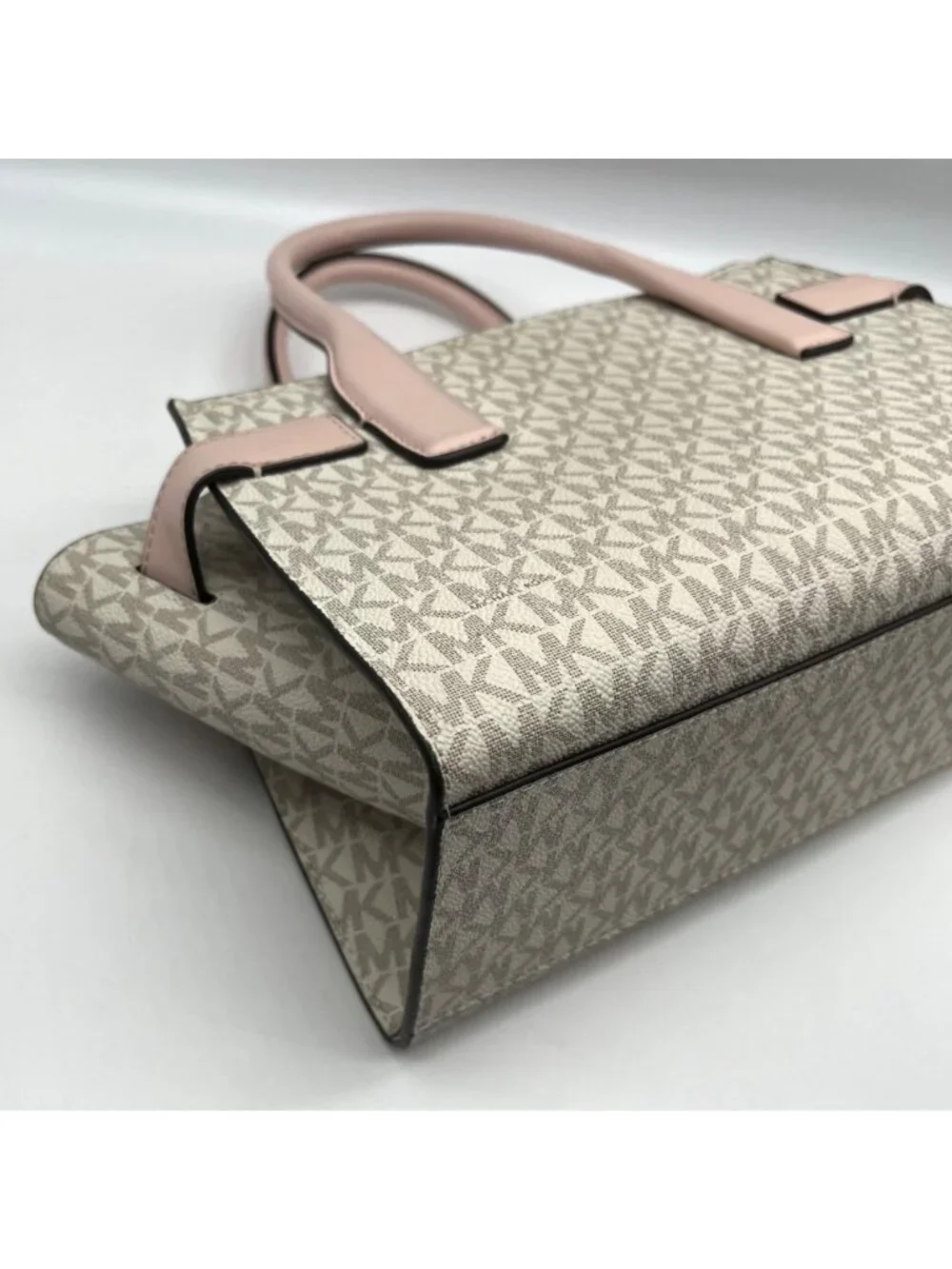 Michael Kors Carmen Vanilla/Powder Blush Signature Canvas Medium Belted Satchel